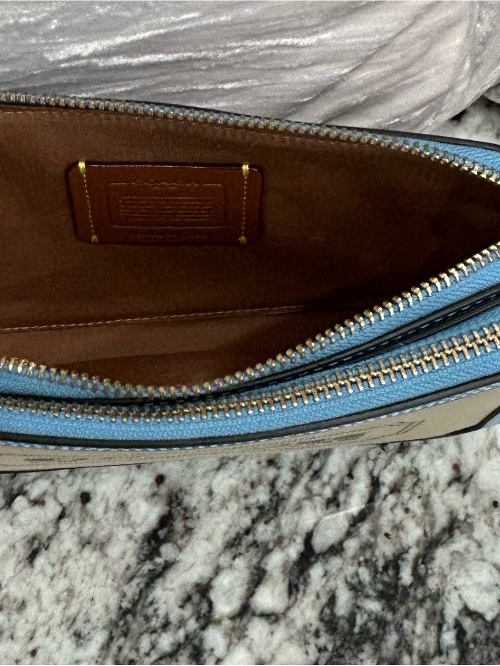 Coach Canvas Crossbody Wallet/Wristlet with Sky Blue Leather Trim - Picture 7 of 9